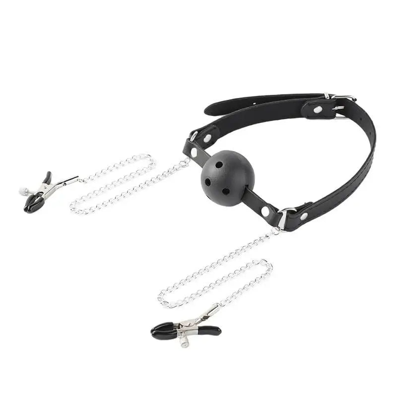 Erotic Toy PU Leather Mouth Gag Ball Oral Sex With Chain Clip Breast Nipple Clamps Bondage Harness Sex Toys Adult Games