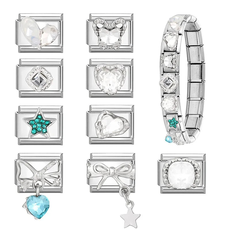 Shiny Zircon Stars Heart Bow Knot Butterfly Italian Charm Links Fit 9mm Stainless Steel Bracelet Women Jewelry DIY Making Gifts
