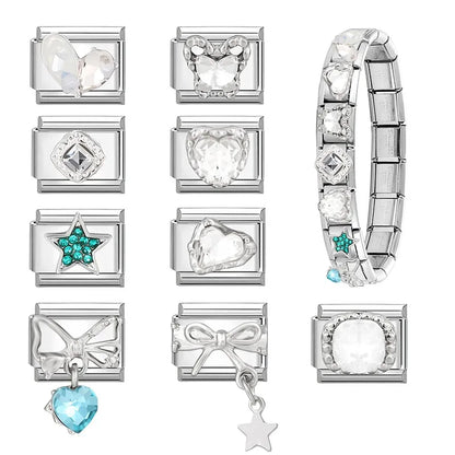 Shiny Zircon Stars Heart Bow Knot Butterfly Italian Charm Links Fit 9mm Stainless Steel Bracelet Women Jewelry DIY Making Gifts