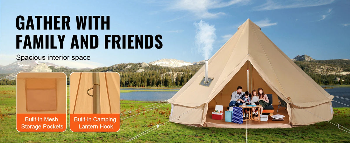 SucceBuy Canvas Bell Tent 4 Seasons 9.8ft Yurt Tent Canvas Tent for Camping with Stove Jack Breathable Tent Holds up to 4 People