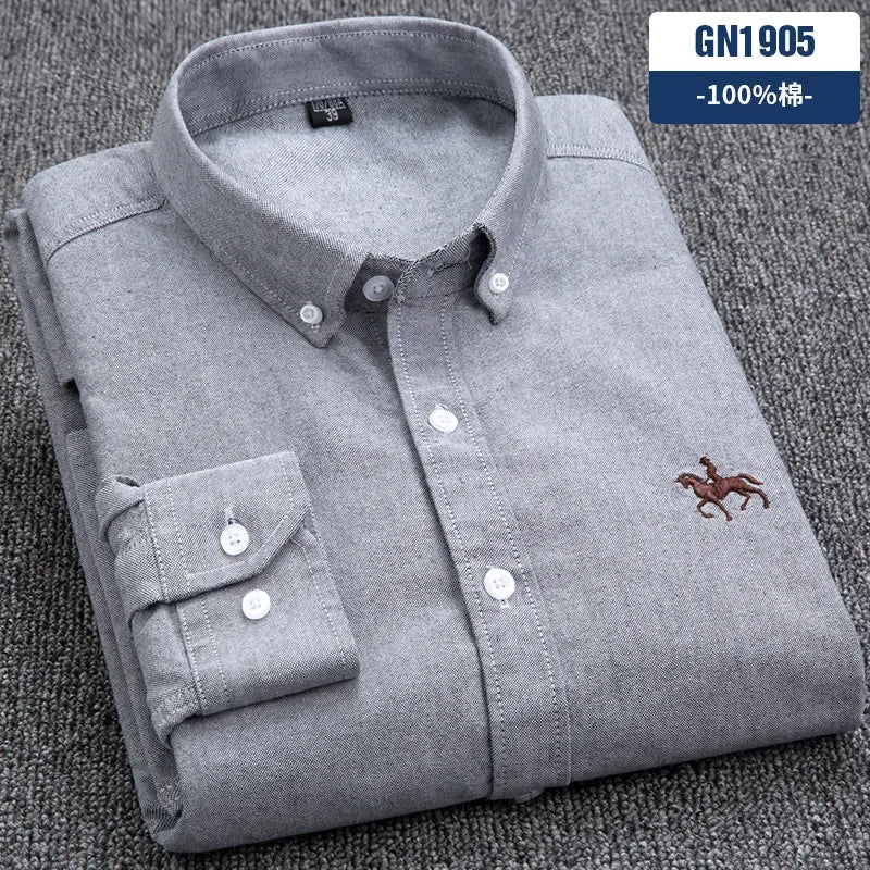 Casual cotton men's shirt slim fit horse logo bottom inch shirt Oxford spinning long sleeved striped shirt