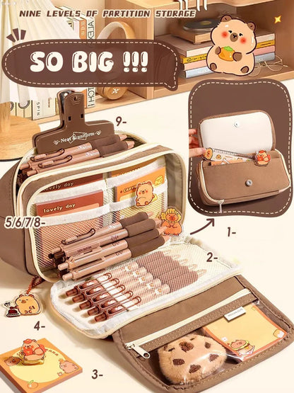 Kawaii Large Capacity Pencil Cases For School Bag Pouch Box 3 Compartments Supply Supplies Girl Boy Kit Cute Stationery Zippers