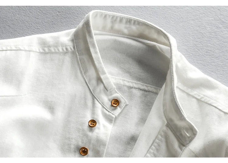Japan Style Mens Linen Cotton Shirt Harajuku Stand Collar Long Sleeve Slim Fit Solid Color Male Casual Breathable Classical Tops