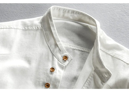 Japan Style Mens Linen Cotton Shirt Harajuku Stand Collar Long Sleeve Slim Fit Solid Color Male Casual Breathable Classical Tops