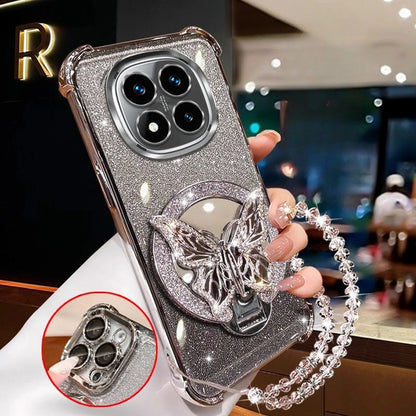 Glitter Butterfly Mirror Crystal Bracelet Case For Xiaomi Redmi Note 15 15C 14 14C 13 13C 12 11 Pro Plus 4G 5G Shockproof Cover