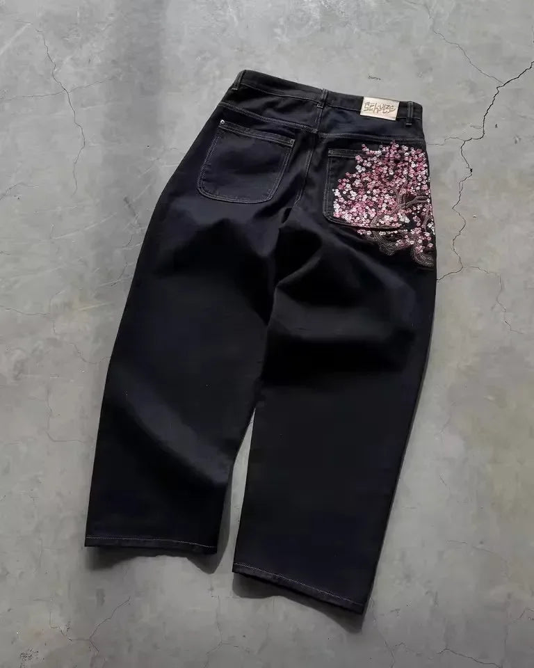 Hip-hop gold coin jeans Y2K retro low waist wide leg zipper pants y2k clothing men's fashion embroidered loose jeans