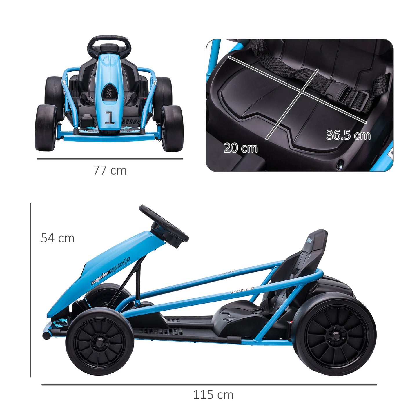 Electric Go-kart for children 8-12 years old with high backrest and safety belt, 115x77x54 cm, blue and black, electric stroller, toy kart, children's kart