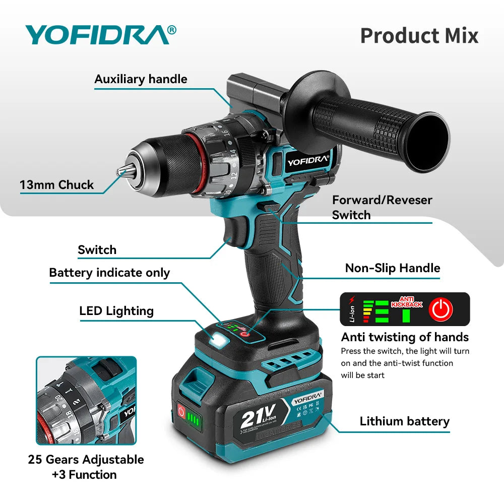 YOFIDRA 700N.M Brushless Electric Impact Drill Cordless Screwdriver Plates Soil WoodWorking Power Tool For Makita Battery Pin