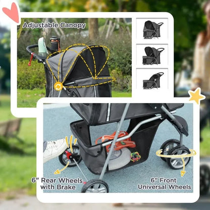 3 Wheel Pet Stroller for Small Dogs and Cats, Foldable Travel Pram with Breathable Mesh and Storage Bag, Sturdy Steel Frame for Walking, Charcoal Grey, 75x45x97 cm, Sturdy, Lightweight, Comfortable, Safe, Space Saving