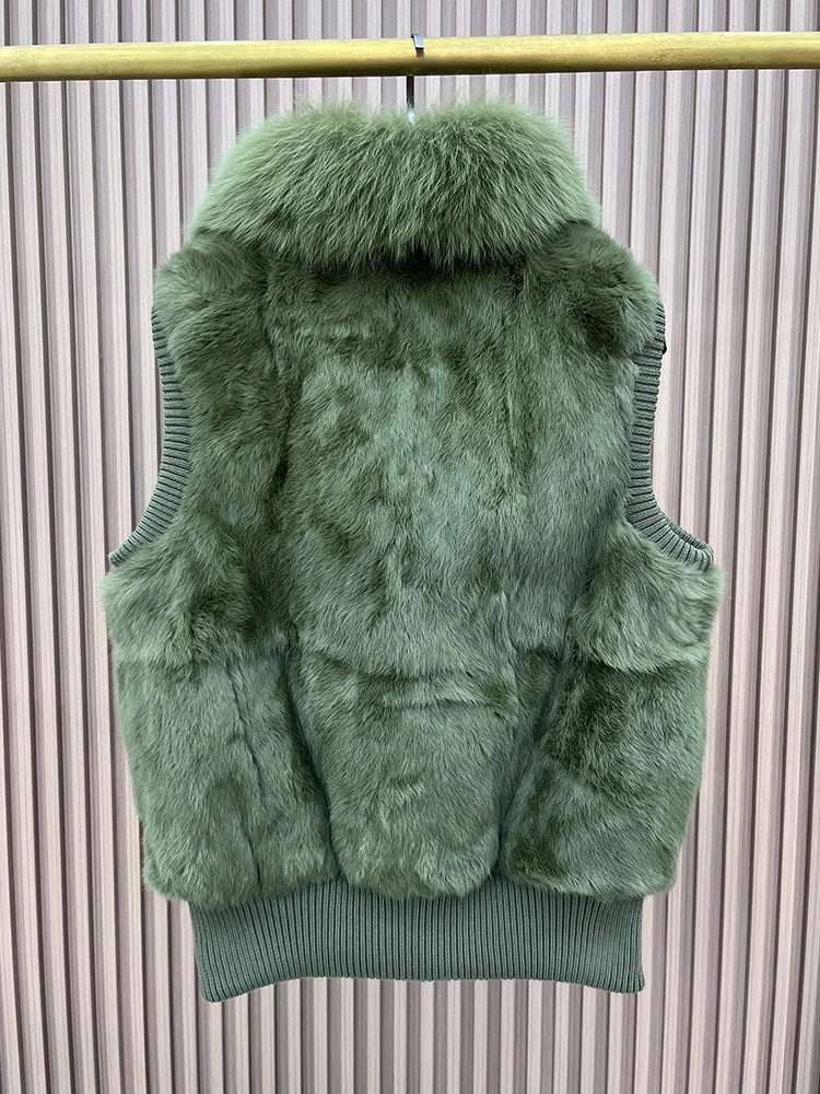 Women's Genuine Real Rabbit Fur Vest Coat Knitting Winter Fox Fur Collar Fur Jacket Casual Short Outwear Slim with Zipper