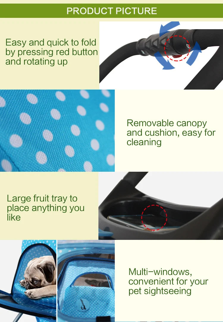 Dog Golden Retriever Pet Stroller Large Fruit Tray Adjustable Foldable for Small Medium Dog Outdoor Travel
