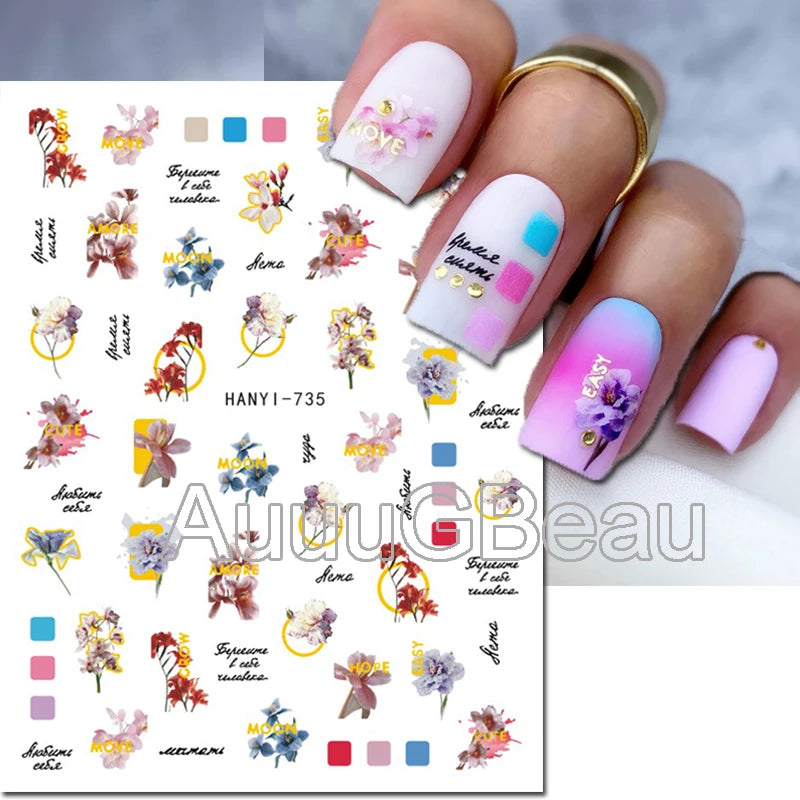 3d Nails Art Decals Spring Fruits Pink Full Tips Peony Magnolia Flowers Adhesive Sliders Stickers Decoration For Nails Manicure
