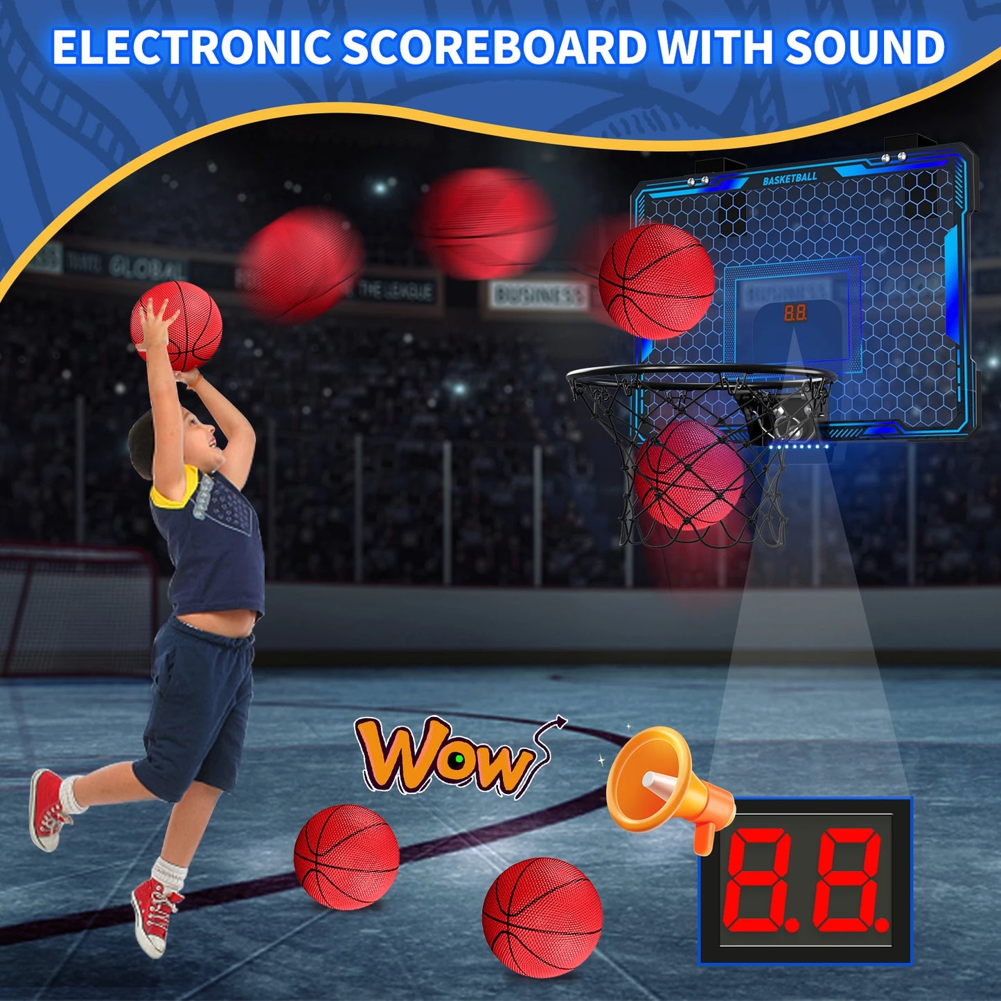 Basketball Hoop Indoor, Mini Basketball Hoop with 7 LED Lighting, Scoreboard, Over Door Basketball Hoop with 3 Modes, Volume Adjustable, Foldable, Basketball Toys for Kids,Birthday Halloween Christmas Gift