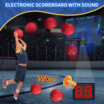 Basketball Hoop Indoor, Mini Basketball Hoop with 7 LED Lighting, Scoreboard, Over Door Basketball Hoop with 3 Modes, Volume Adjustable, Foldable, Basketball Toys for Kids,Birthday Halloween Christmas Gift