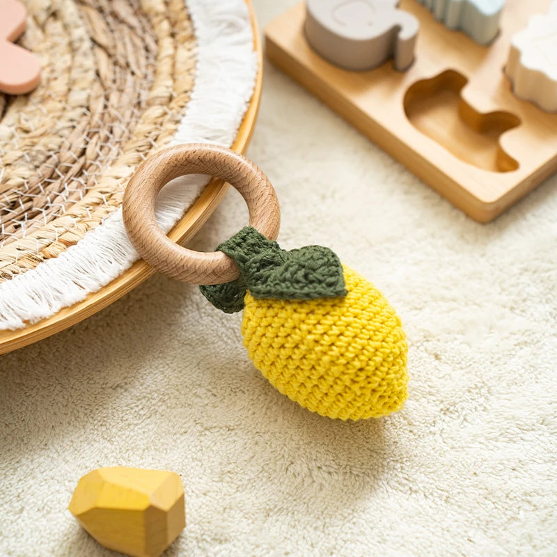 Wooden Baby Teether Cute Fruit Style Handmade Crochet Rattle Toys Newborn Soother Teething Chew Toys for Boys Girls Babies Gifts