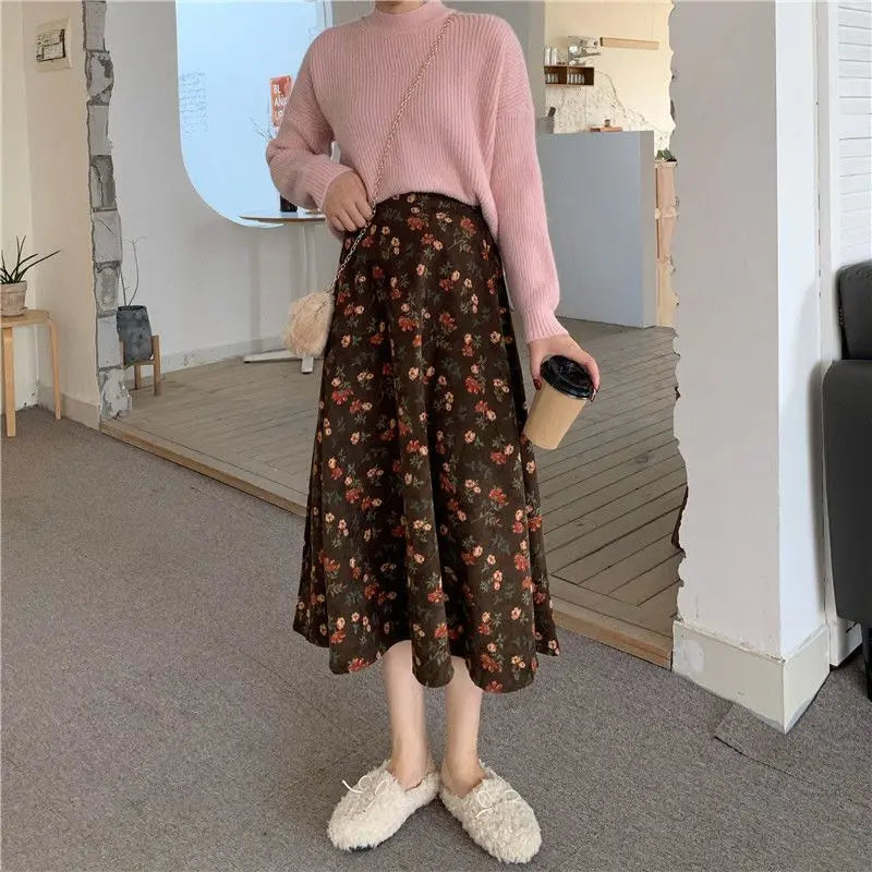 Women Floral Corduroy Midi Skirt High Waist A Line Printed Swing Long Skirt For Spring Autumn