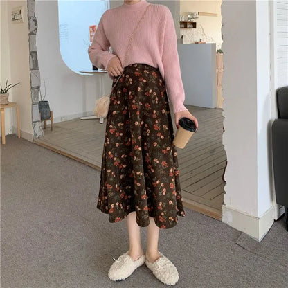 Women Floral Corduroy Midi Skirt High Waist A Line Printed Swing Long Skirt For Spring Autumn