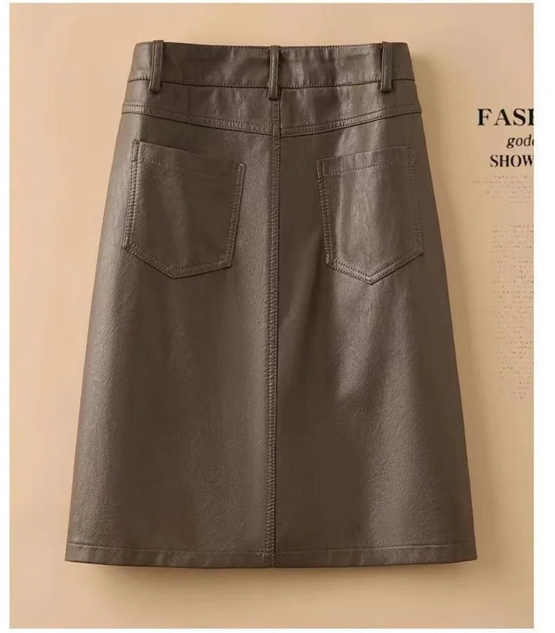 Spring Autumn Winter Leather Skirt Women New Fashion Black Brown High Waist PU A-Line Skirts Large Size S-5XL Female Midi Skirts