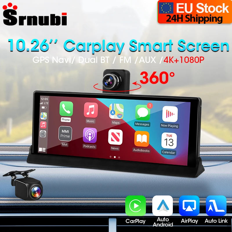 Srnubi 10.26 inch 4K ADAS Car DVR with 360° Rotation Dash Cam Wireless Carplay Android Auto Mirror Link BT WIFI AUX FM Dashboard