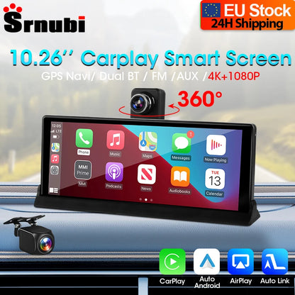 Srnubi 10.26 inch 4K ADAS Car DVR with 360° Rotation Dash Cam Wireless Carplay Android Auto Mirror Link BT WIFI AUX FM Dashboard