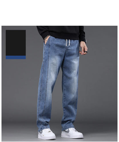 Autumn Winter Blue Jeans Men Drawstring Elastic Waist Cotton Cargo Denim Pants Work Fashion Thick Trousers Male Plus Size M-4XL