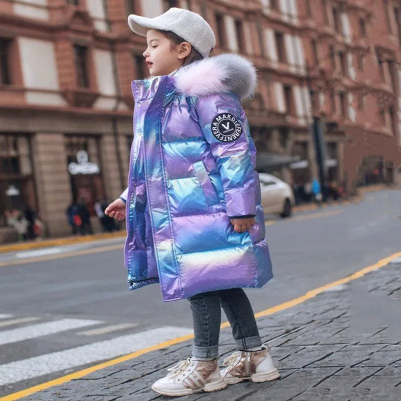 Winter Girls Shiny Hooded Down Jacket Fur Collar Windproof Coat Teenage Outerwear Kids Parka Snowsuit Clothing New 5-14 Years