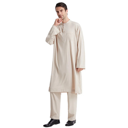 Muslim Men Jubba Thobe 2 Pice Set Top with Pant Mens Abaya Long Islamic Eid 2025 Ramadan Long Robe Saudi Wear Caftan Dubai Arab