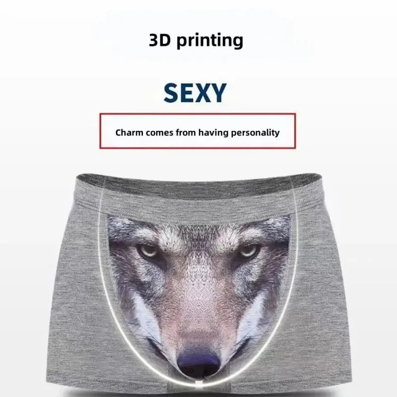 Men 3D Printed Boxer Shorts Wolf Eagle Head Pattern Mid Waist Flat Angle Underpants Soft Modal Knitted Breathable Underwear