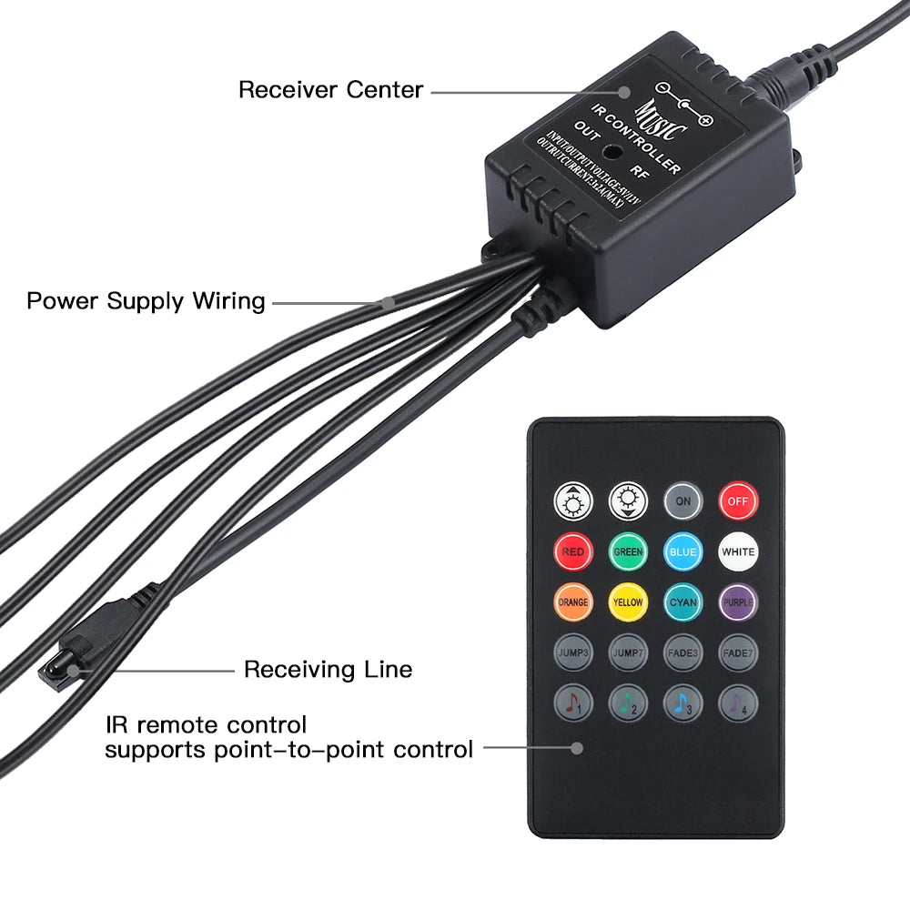 48 72 LED RGB Car Foot Light & Underglow Neon Lamp, Music Sync Interior Ambient Light with Remote Control, USB & 12V Dual Power Plug, Multi-Colour Atmosphere Decorative Lighting for Universal Auto Interior Exterior Decoration