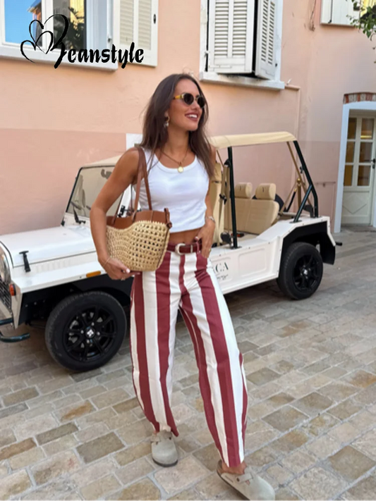 Casual Striped Women's Jeans Mid-rise Single Button Pockets Lady Curved-leg Pants 2026 Spring Summer Fashion Female Trousers