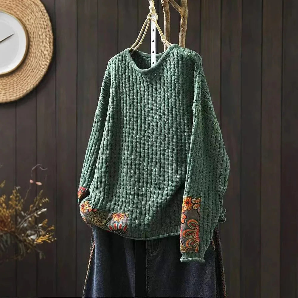 Winter Fall Fashion Vintage Sweater Women's O-neck Loose Casual Lazy-style Casual Pullover Tops Flower Print Patchwork Knitwear