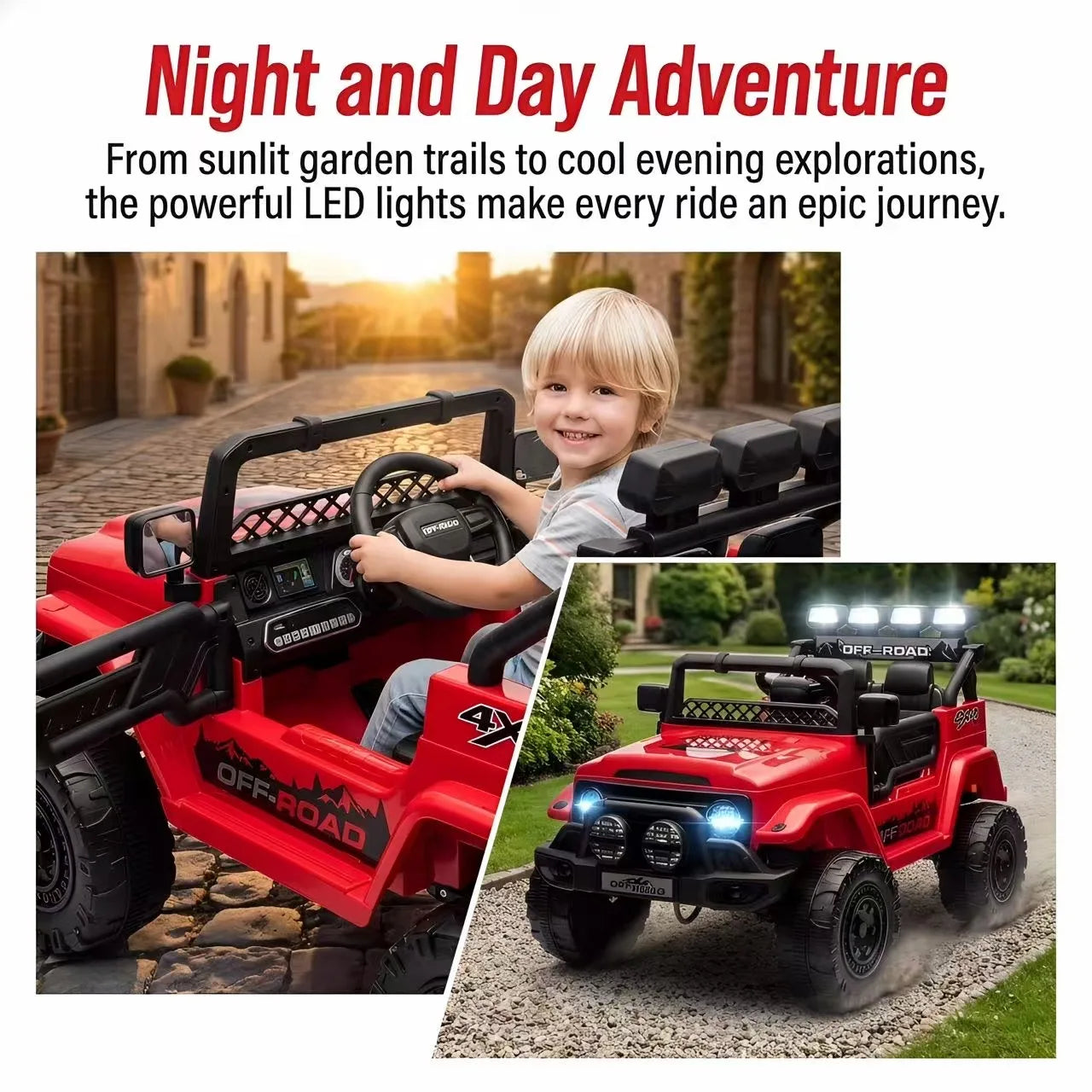 HAUSPROFI 12V Off-Road Ride-On Electric Car Toys for 3+ Years,With LED Lights,Remote Control,Seat Belt ,Bluetooth, 3-Speeds, Suspension