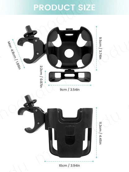 2-in-1 Large-Size Universal Stroller Cup Holder with Phone Holder - 360° Rotatable Adjustable Clamp, Detachable Stand