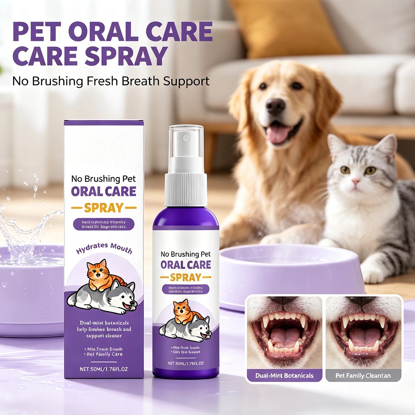 Pet Oral Care Spray Teeth Cleaning Remove Plaque Tartar Eliminate Bad Breath  Dental Dirt Protect Gum Health for Cats Dogs 50ml