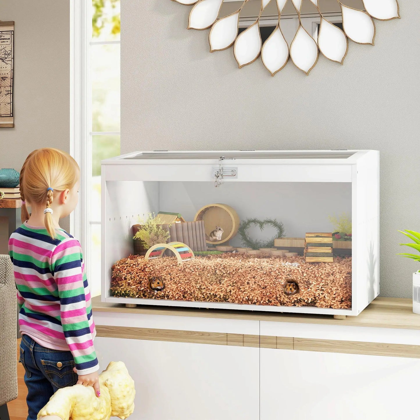 White hamster cage 80x50x50 cm plastic with a hinged lid & acrylic window for small animals