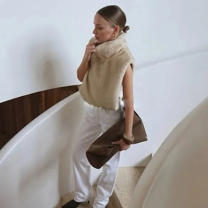 Autumn Winter Turtleneck Eco Mink Fur Tank Tops Sleeveless Jacket Coat New Fashion Faux Fur Sable Vest Crop Top