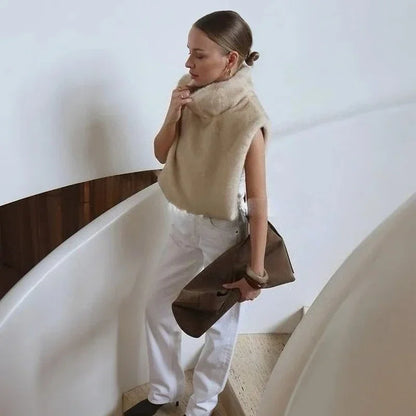 Autumn Winter Turtleneck Eco Mink Fur Tank Tops Sleeveless Jacket Coat New Fashion Faux Fur Sable Vest Crop Top