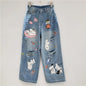 WTHT Fashion Trendy Women's Cartoon Print Hole Straight Jeans 2025 Spring New High Waist Wide Leg Denim Pants Female 1LS1175