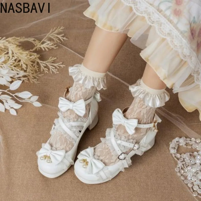 NASBAVI White Lace Bow Cosplay High Heels Women Cross Strap Buckle Platform Mary Jane Shoes Female Party Princess Lolita Pumps