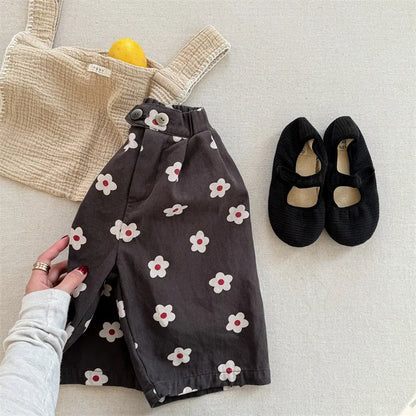 Spring/Summer Calf Length Pants for Girls Floral Print Anti-mosquito Breeches Korean Kid's Loose 7 Point Pants Childrens Clothes