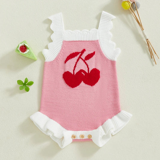 Newborn Baby Girl Knit Jumpsuit Clothes Sleeveless Ruffle Trim Cherry Print Romper Summer Sleeveless Outfits Sunsuit