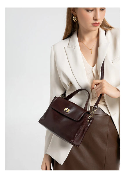 Genuine Leather Top Handle Crossbody Bag for Women Vintage Oil Wax Leather Shoulder Bag Small Luxury Designer Satchel Handbag