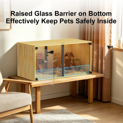 Wooden Hamster Guinea Pigs Cage Mice and Rat Habitat with Removable Divider Tempered Glass Panels Chew-proof Small Animals Cage for Small Pets