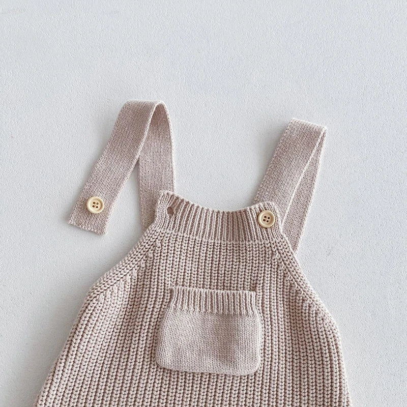 FOCUSNORM 0-3Y Winter Baby Boys Girls Overalls Jumpsuits Sleeveless Front Pocket Solid Color Knitted Romper Outfit