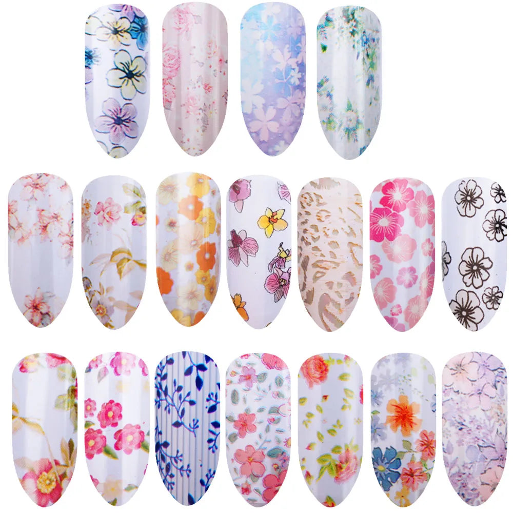 16Pc Holographic Nail Foil Set Starry Transfer 20*4cm Sticker Laser Flowers Leopard Mix Design Decal DIY Nail Art Decoration