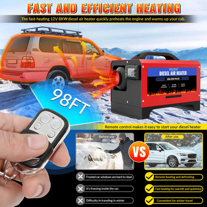 8 kW 12V All-in-One Portable Diesel Air Heater, 0.16–0.52 L/h, Diesel Air Heater 8–36 °C, Adjustable, 15–20 m², Smart LCD Control, 5 L Tank for Boats and Cars