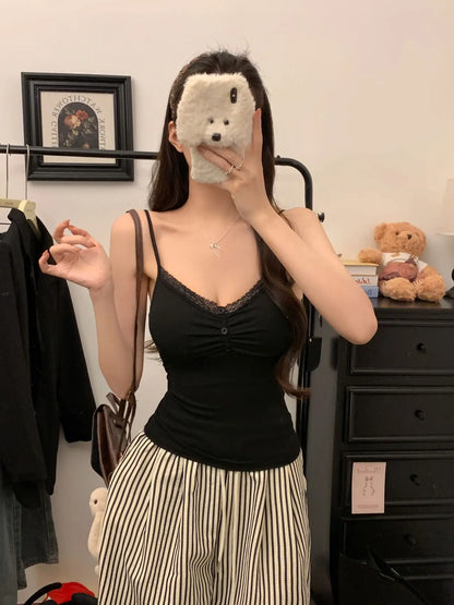 Pure Desire Sexy Lace Splice Strap Vest Women's Inner Wear Slimming Matching Top Trendy Tube Top Cotton Blend Elastic Fiber