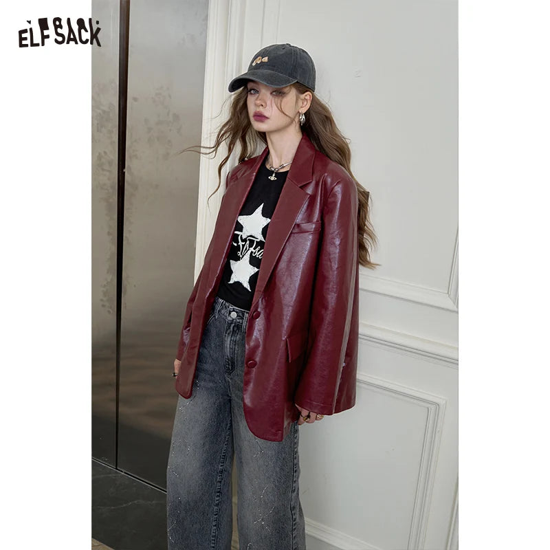 ELFSACK Women's Faux Leather Blazer Oversized Wine Red Long Sleeve Casual Office Wear Jacket Fashion Streetwear Coat