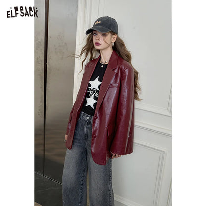 ELFSACK Women's Faux Leather Blazer Oversized Wine Red Long Sleeve Casual Office Wear Jacket Fashion Streetwear Coat