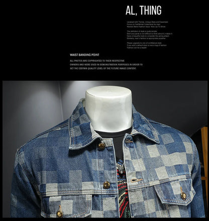 2025 Autumn Vintage Checkered Denim Jacket for Men Flip Collar Single Breasted Casual Business Jacket Social Street Wear Jeans